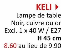 KELI▸
Lampe de table-
Noir, cuivre ou or
Excl. 1 x 40 W/ E27
H 45 cm
8.60 au lieu de 9.90