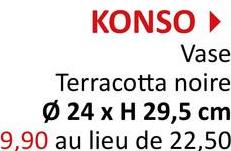 KONSO▸
Vase
Terracotta noire
Ø 24 x H 29,5 cm
9,90 au lieu de 22,50