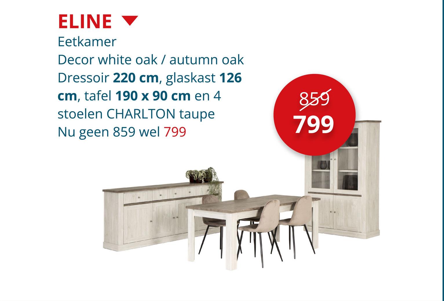 Eetkamer Eline met 4 stoelen Charlton - tafel 190x90cm - dressoir 220cm - vitrinekast 126cm Eetkamersets Niet Voorgemonteerd