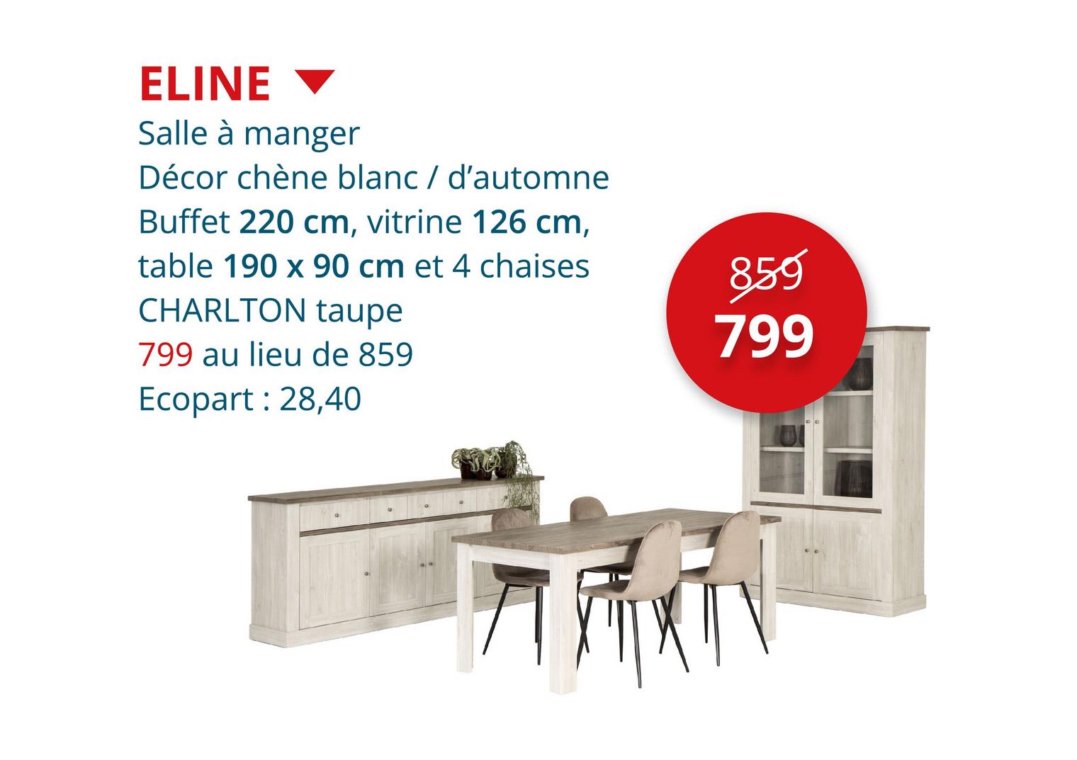 Salle à manger Eline avec 4 chaises Charlton - table 190x90cm - buffet 220cm  - vitrine 126cm Ensemble Salle à Manger Non-prémonté