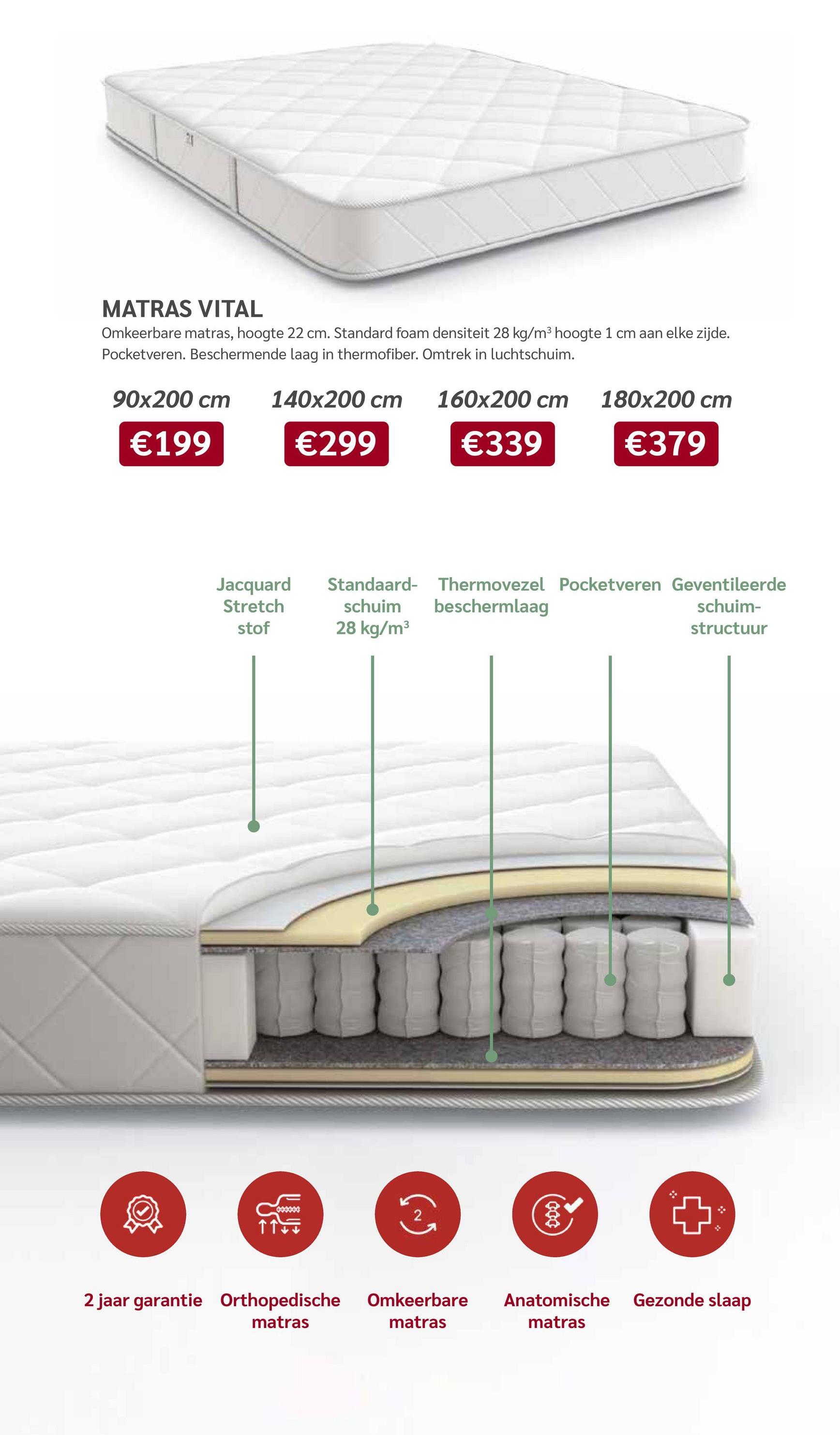 MATRAS VITAL
Omkeerbare matras, hoogte 22 cm. Standard foam densiteit 28 kg/m³ hoogte 1 cm aan elke zijde.
Pocketveren. Beschermende laag in thermofiber. Omtrek in luchtschuim.
90x200 cm
€199
140x200 cm
€299
160x200 cm 180x200 cm
€339
€379
Jacquard
Stretch
stof
000000
11++
Standaard
schuim
28 kg/m³
Thermovezel Pocketveren Geventileerde
beschermlaag
schuim-
structuur
+
2 jaar garantie Orthopedische Omkeerbare
matras
matras
Anatomische
matras
Gezonde slaap