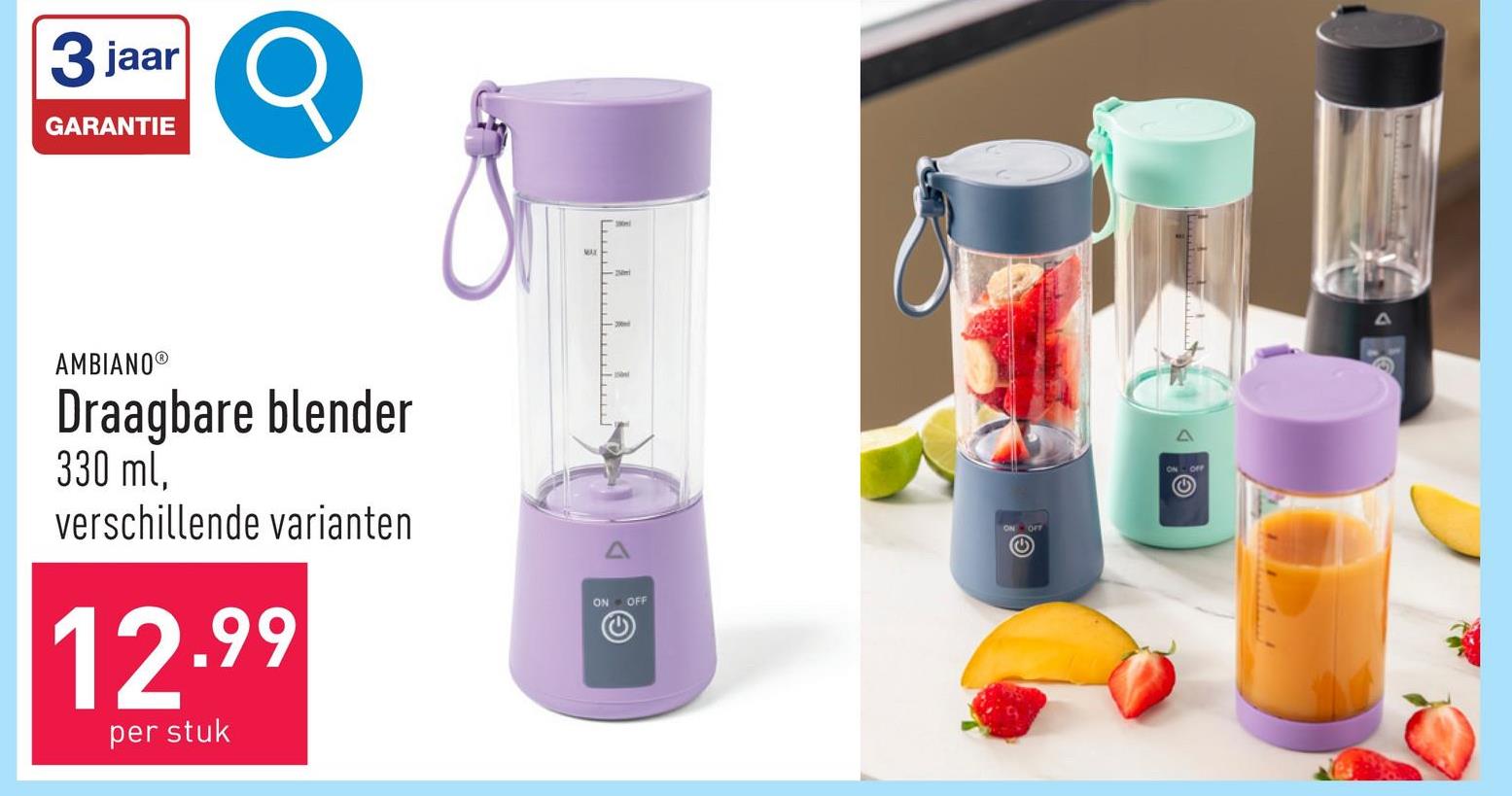 Draagbare blender roestvrijstalen messen, inhoud: 330 ml, opladen via USB-kabel (meegeleverd), extra veiligheidsfunctie: dubbelklik op de knop, vervolgens begint de mixer te werken, keuze uit verschillende varianten