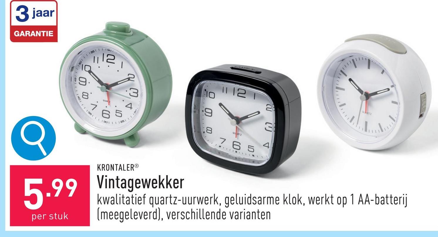 Vintagewekker kwalitatief quartz-uurwerk, geluidsarme klok, met lichtfunctie, sluimerfunctie, werkt op 1 AA-batterij (meegeleverd), keuze uit verschillende varianten