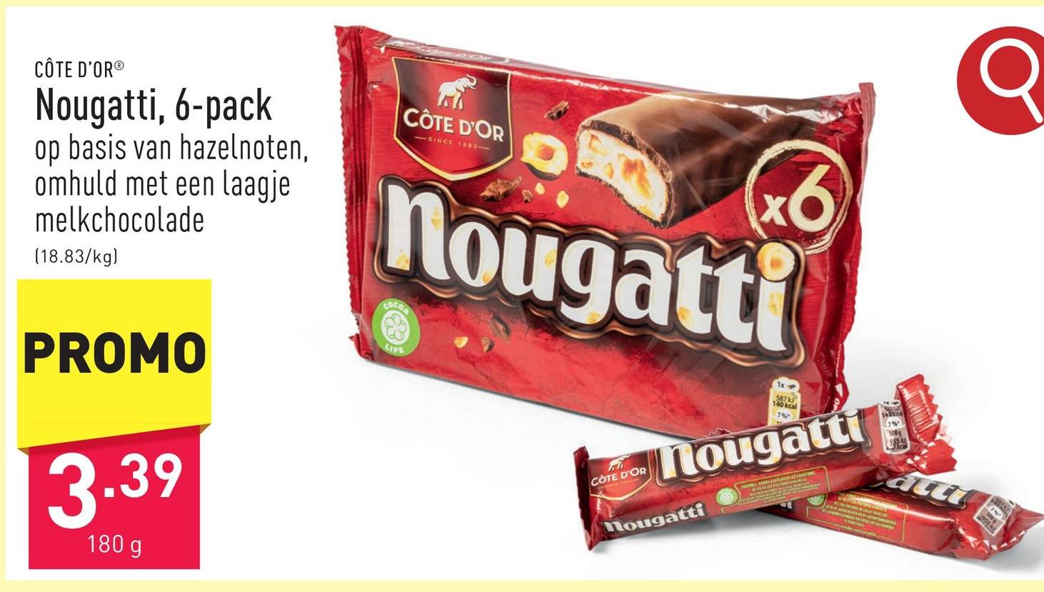 Nougatti, 6-pack nougatreep op basis van hazelnoten, omhuld met een laagje melkchocolade