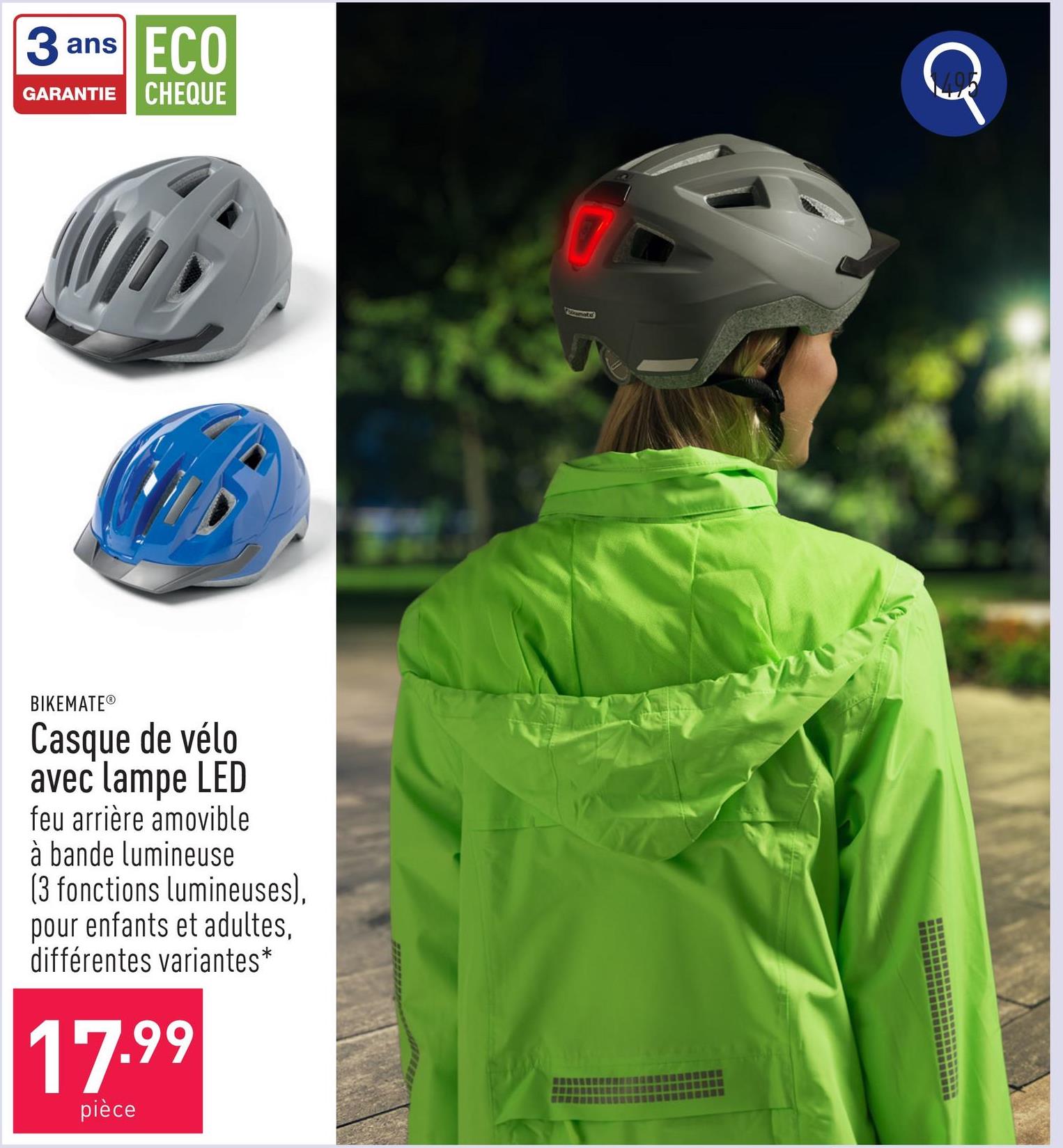 Casque de vélo avec lampe LED feu arrière amovible à bande lumineuse (3 fonctions lumineuses)visière amoviblemoustiquaire intégréesystème de ventilationsystème de réglage de la taillepile bouton de 3 V incl.choix entre modèle pour enfants (taille unique) et modèle pour adultes (S/M ou L/XL)choix entre différentes variantes*