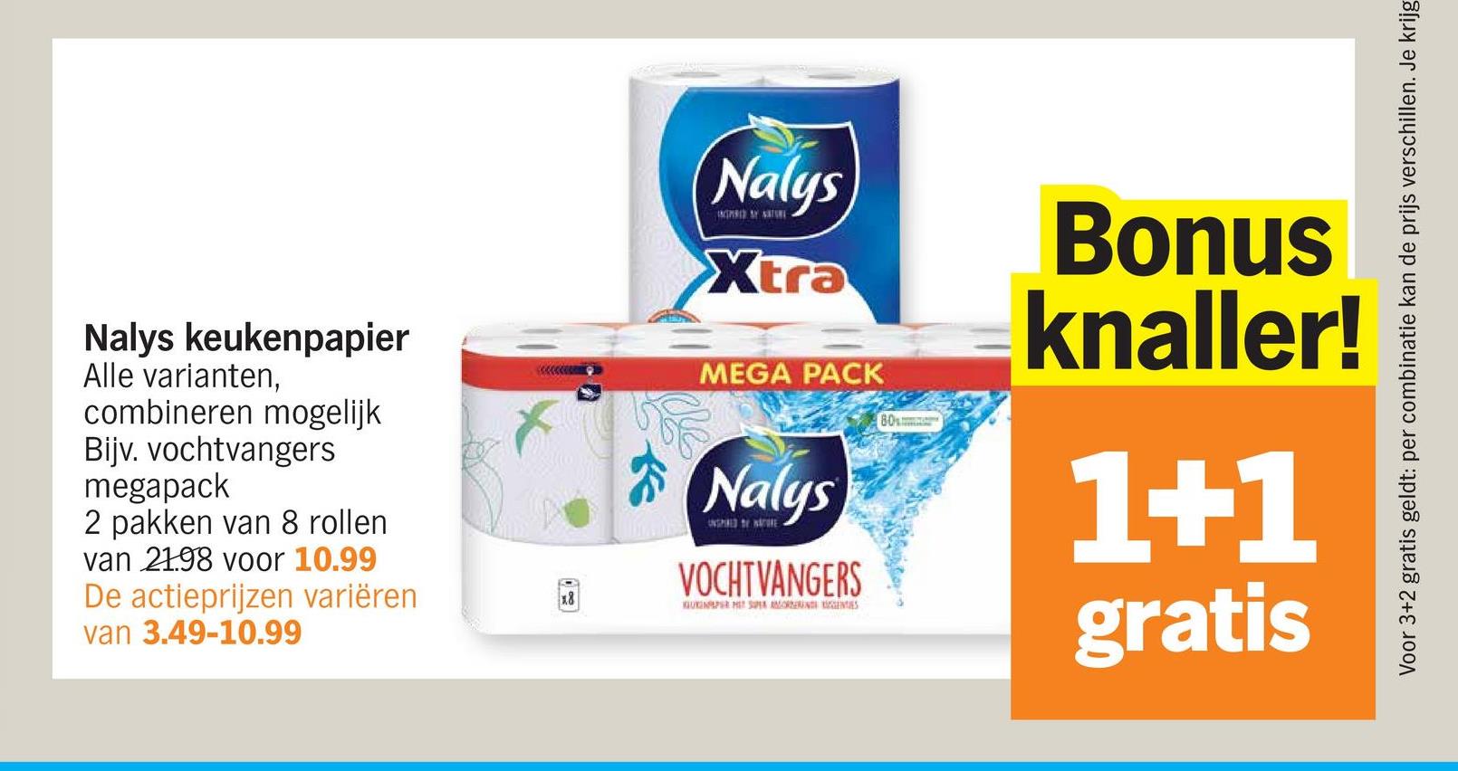 Nalys keukenpapier
Alle varianten,
combineren mogelijk
Bijv. vochtvangers
megapack
2 pakken van 8 rollen
van 2198 voor 10.99
De actieprijzen variëren
van 3.49-10.99
x8
Nalys
Xtra
MEGA PACK
Nalys
INSPIRED HE
VOCHTVANGERS
KURSU MOREN ENES
80%
Bonus
knaller!
1+1
gratis
Voor 3+2 gratis geldt: per combinatie kan de prijs verschillen. Je krijg