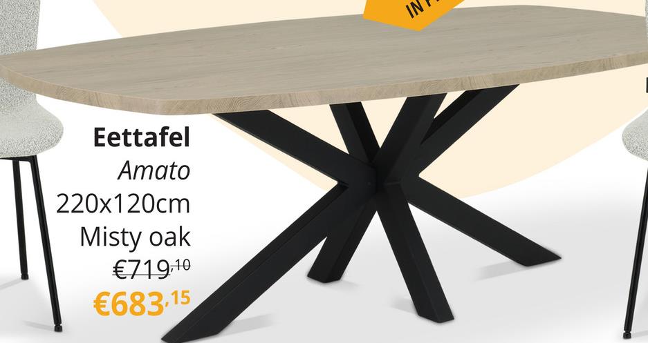 Eettafel AMATO 220x120 Deens Ovaal Breng stijl en functionaliteit samen in je eetkamer met de Amato eettafel. Deze eettafel heeft een elegant ovaal blad van 220x120 cm, dat voldoende ruimte biedt voor gezellige diners met familie en vrienden. Het opvallende ontwerp van de spinpoot zorgt niet alleen voor een stabiele basis, maar voegt ook een modern en artistiek element toe aan je interieur. Of je nu een intieme maaltijd hebt of een groot feest organiseert, de Amato eettafel past perfect bij elke gelegenheid. Geniet van onvergetelijke momenten rondom de Amato eettafel, waar stijl en gezelligheid hand in hand gaan.