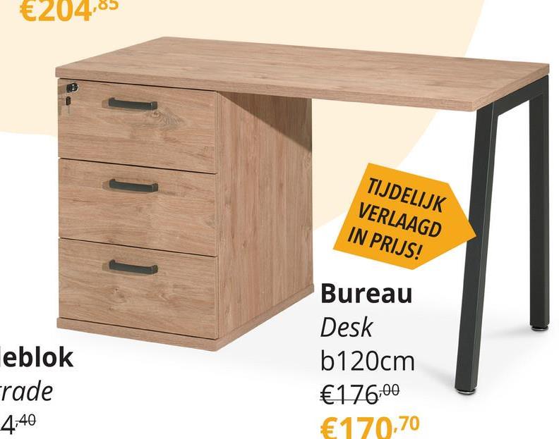 Bureau DESK Lente Eik Dit compacte bureau kan je in elke ruimte kwijt en is perfect voor jouw home office. Met z’n drie opbergladen heb jij voldoende ruimte om spullen op te bergen. Eén van de drie lades is zelfs afsluitbaar waardoor je delicate spullen handig achter slot en grendel stopt. Het bureaublad bestaat uit spaanplaat afgewerkt met stevig melamine in de kleur lente eik.&nbsp;