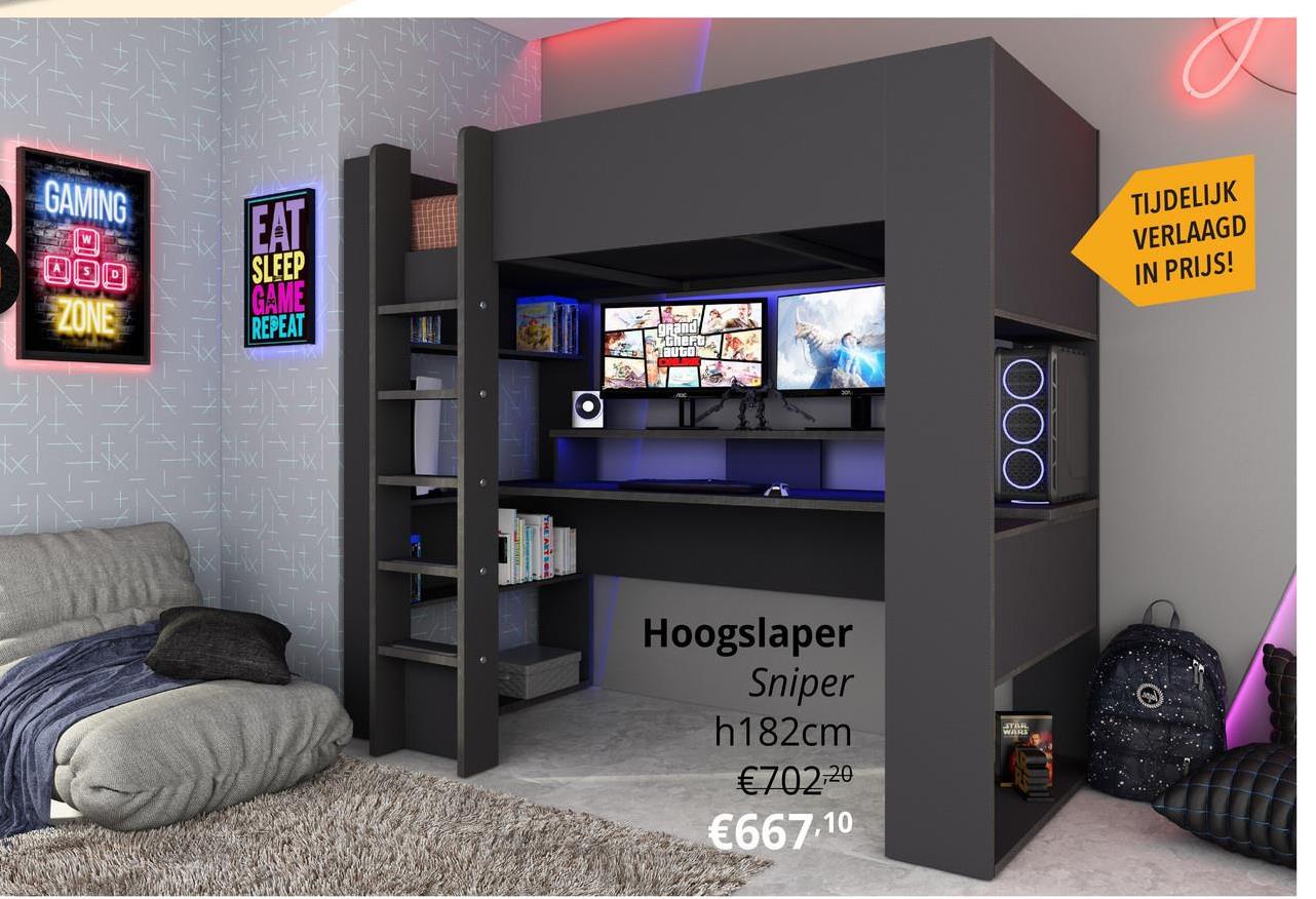 Hoogslaper SNIPER met bureau/LED-verlichting Grafiet Stap in de wereld van gaming met de hoogslaper SNIPER! Deze hoogslaper is niet zomaar een bed, het is een complete game-opstelling met ingebouwd bureau en LED-verlichting voor de ultieme gamingervaring.

Met zijn stoere ontwerp in grafietkleur is de hoogslaper Sniper een echte eyecatcher in elke jeugdkamer. Gemaakt van duurzaam MDF-materiaal, combineert dit bed stijl met functionaliteit. Het groot bureaublad met handige opbergvakken biedt voldoende ruimte voor een gaming-setup, studiemateriaal of gewoon om lekker aan te knutselen. De LED-verlichting met meer dan 20 kleuropties zorgt voor een sfeervolle ambiance en maakt gamen in het donker nog leuker.

Wat deze hoogslaper zo uniek maakt, is de toevoeging van een kabelgoot. Geen gedoe meer met rondslingerende kabels, alles kan netjes en georganiseerd worden weggewerkt. Dit zorgt niet alleen voor een opgeruimde uitstraling, maar ook voor meer veiligheid en gemak.

Of je nu een fanatieke gamer bent of gewoon op zoek bent naar een trendy en functioneel bed, de hoogslaper Sniper past perfect bij jouw wensen. Creëer een eigen gaming paradijs, verbeter je speelervaring en maak van jouw slaapkamer de coolste plek in huis. Met dit bed ben jij helemaal klaar voor uren plezier en ontspanning in stijl!