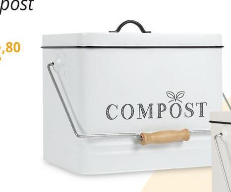 Compostemmer COMPOST 10l RH Met. Wit/Zwart De rechthoekige compostemmer COMPOST, gemaakt van wit metaal, is een praktische oplossing voor het verzamelen van keukenafval. Met een inhoud van 10 liter biedt deze emmer voldoende ruimte voor je dagelijkse compost. De tekst "COMPOST" staat duidelijk in het zwart op de voorkant, wat de functie van de emmer meteen duidelijk maakt.De emmer is voorzien van een deksel, wat helpt om geurtjes binnen te houden en insecten weg te houden. Het handvat, uitgerust met een handige houten greep, maakt het gemakkelijk om de emmer te dragen en te legen. Deze compostemmer is ideaal voor in de keuken, waar hij je helpt om afval op een nette en georganiseerde manier te verzamelen en bij te dragen aan een groenere leefstijl.