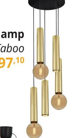 Hanglamp TABOO 5Del. Goud De TABOO 5-delige hanglamp in goud is een opvallende toevoeging aan elk modern interieur. Het strakke ontwerp met de gouden cilinders en het zwarte plafondrozet zorgt voor een tijdloze uitstraling. Of je nu een statement wilt maken boven de eettafel of een knusse sfeer wilt creëren in de woonkamer, de Taboo hanglamp is de perfecte keuze. De vijf lichtpunten verspreiden een warm en sfeervol licht, waardoor je thuis direct een gezellige ambiance creëert.