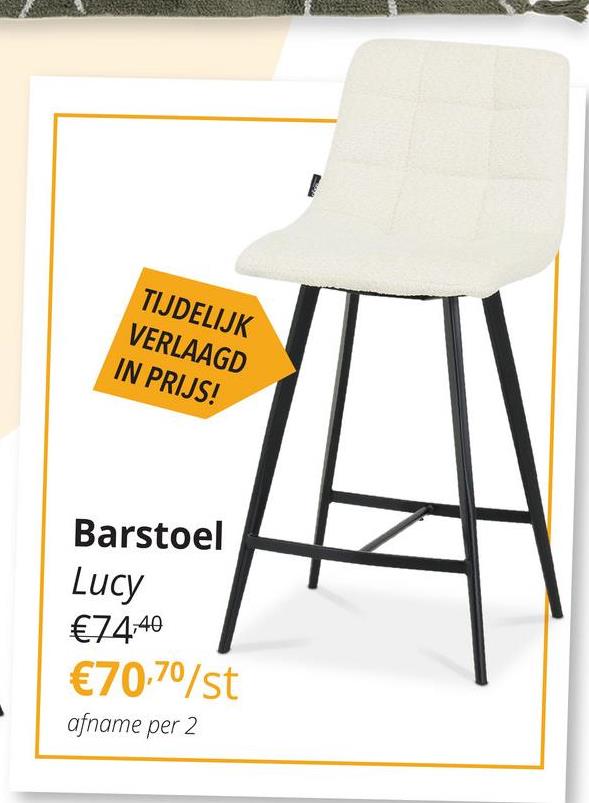 Barstoel LUCY Bouclé Cream Stap binnen in comfort en stijl met onze barstoel LUCY. Met zijn eigentijdse design en crèmekleurige bouclé bekleding straalt deze stoel elegantie uit in elke ruimte. De zwarte poten voegen een vleugje moderniteit toe.&nbsp;Geniet van ultiem comfort met een hoogte van 88 cm, een zithoogte van 65 cm en een breedte van 44 cm. Met de LUCY barstoel creëer je moeiteloos een stijlvolle en comfortabele zitplek voor jou en je gasten.&nbsp;Afname per 2 stuks.&nbsp;