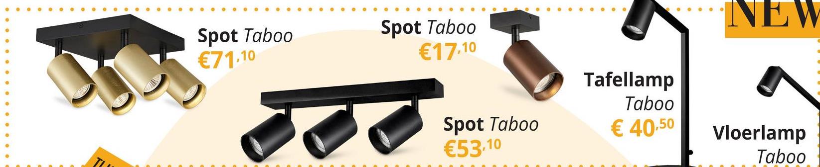 Spot TABOO 4Del. Vierkant Zwart/Goud De TABOO 4-delige spotlamp in vierkante opstelling biedt een strakke en efficiënte verlichtingsoplossing voor elke ruimte. Met vier verstelbare spots, elk uitgevoerd in een geborstelde, gouden kleur en bevestigd aan een stevige zwarte basis, geeft deze lamp je de mogelijkheid om meerdere lichtpunten flexibel in te stellen. Deze vierkante configuratie is ideaal voor het verlichten van grotere ruimtes, zoals woonkamers, keukens of werkruimtes, waarbij gericht licht nodig is.&nbsp;