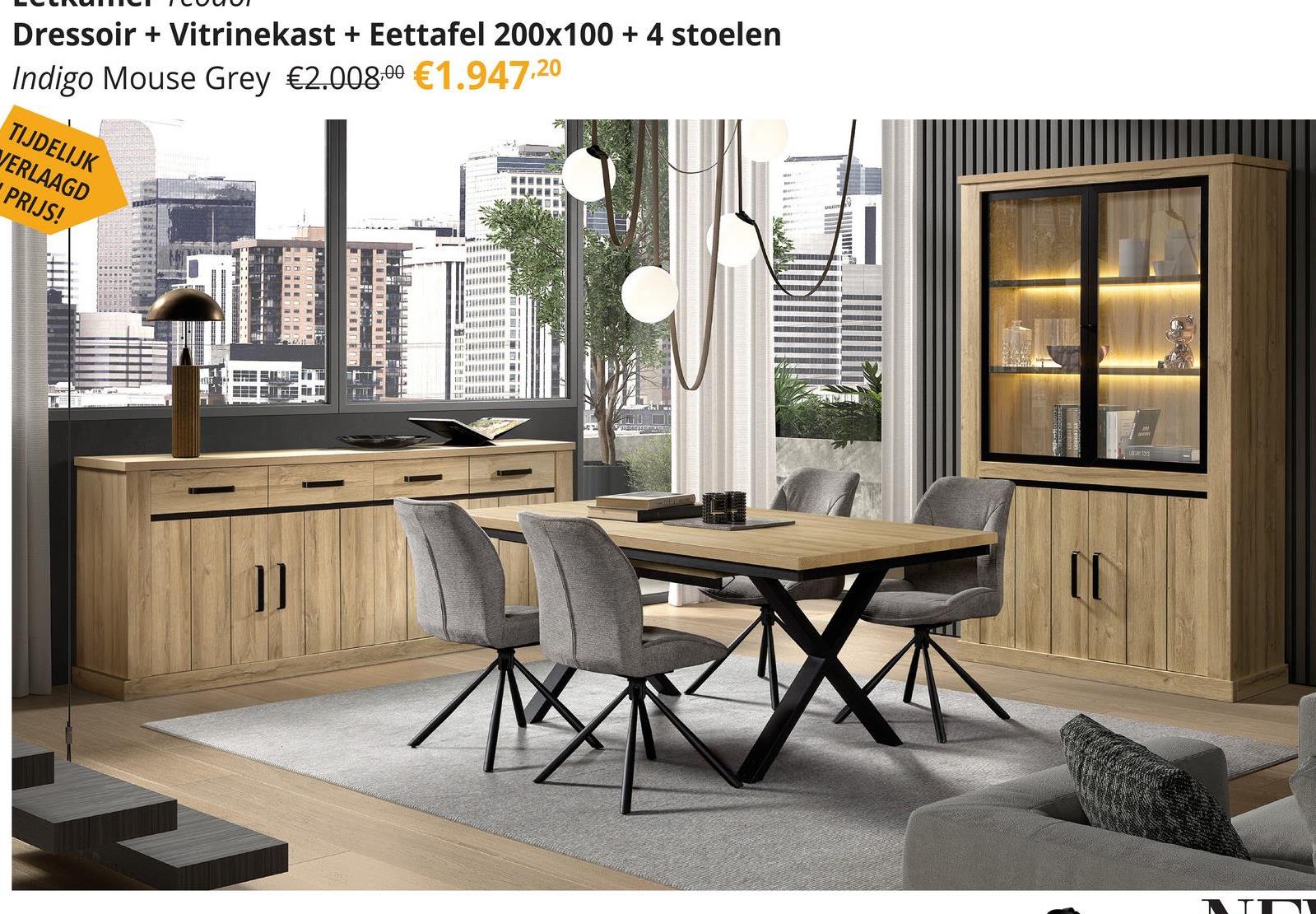 Eetkamer TEODOR: Dressoir + Vitrinekast + Eettafel FREELANCE 200x100 + 4x stoelen INDIGO Mouse Grey Ontdek de stijlvolle eetkamer TEODOR, perfect voor wie houdt van een moderne, maar warme sfeer. De set is afgewerkt in een prachtige houtlook in de kleur French Oak, wat een natuurlijke en tijdloze uitstraling geeft aan je interieur. De Teodor eetkamer biedt niet alleen stijl, maar ook functionaliteit, waardoor het de ideale keuze is voor jouw eetruimte.Deze set bestaat uit:Dressoir B235xH97xD48Glaskast incl. verlichting B135xH219xD48Eettafel FREELANCE met A-poot 200x100&nbsp;4x stoelen INDIGO Mouse Grey