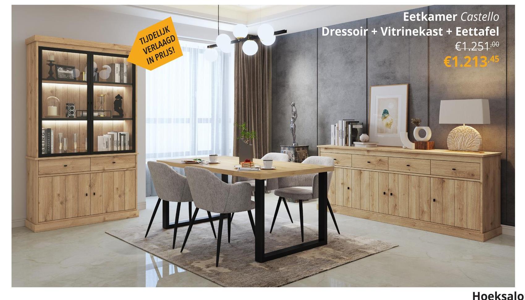 Eetkamer CASTELLO: Dressoir + Vitrinekast + Eettafel 210x98 + 4x Stoelen BARKER Natural Maak kennis met de eetkamer CASTELLO, een perfecte combinatie van elegantie en functionaliteit voor jouw moderne huis. Deze set omvat een ruime dressoir, een stijlvolle vitrinekast, een eettafel, en vier comfortabele Barker in een mooie, beige kleur.De dressoir, vitrinekast en eettafel zijn afgewerkt in hoogwaardig naturel eiken melamine, wat zorgt voor een duurzame en onderhoudsvriendelijke uitstraling. Elk stuk is vervaardigd uit melamine op spaanplaat en voorzien van decoratieve frames in MDF. De handvaten in zink voegen een subtiel industriële touch toe, terwijl de lades met metalen glijders een soepele en geruisloze werking garanderen.De vitrinekast biedt optionele ledverlichting om jouw mooiste servies of decoratieve items extra te laten stralen. De Barker stoelen in voegen een vleugje luxe en comfort toe aan jouw eetervaring.Deze set bestaat uit:Dressoir B225xH90xD50Vitrinekast B124xH220xD40Eettafel 210x984x stoelen BARKER Natural