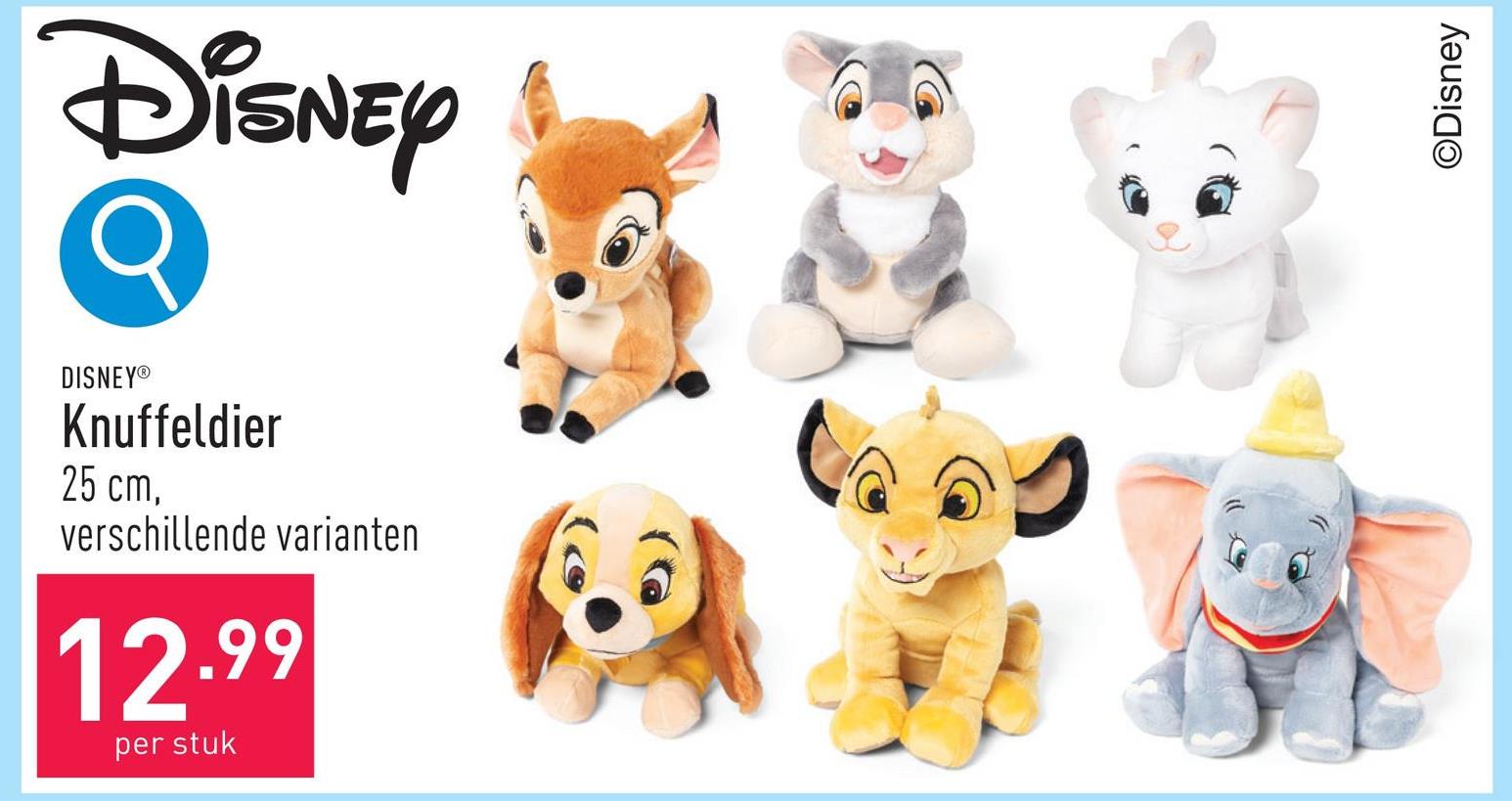 Knuffeldier hoogte: 25 cm, keuze uit verschillende varianten (Bambi, Dombo, Marie, Stamper, Lady en Simba)