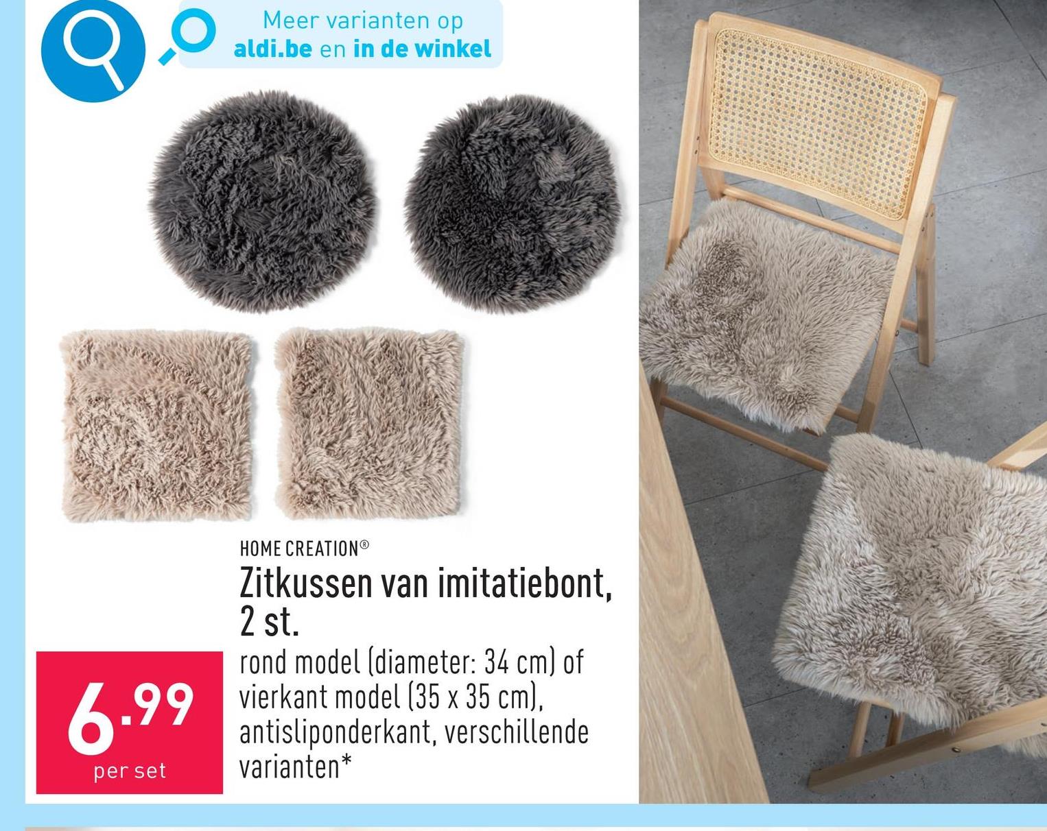 Zitkussen van imitatiebont, 2 st. polyester, keuze uit rond model (diameter: 34 cm) en vierkant model (35 x 35 cm), antisliponderkant, keuze uit verschillende varianten*, OEKO-TEX®-gecertificeerd