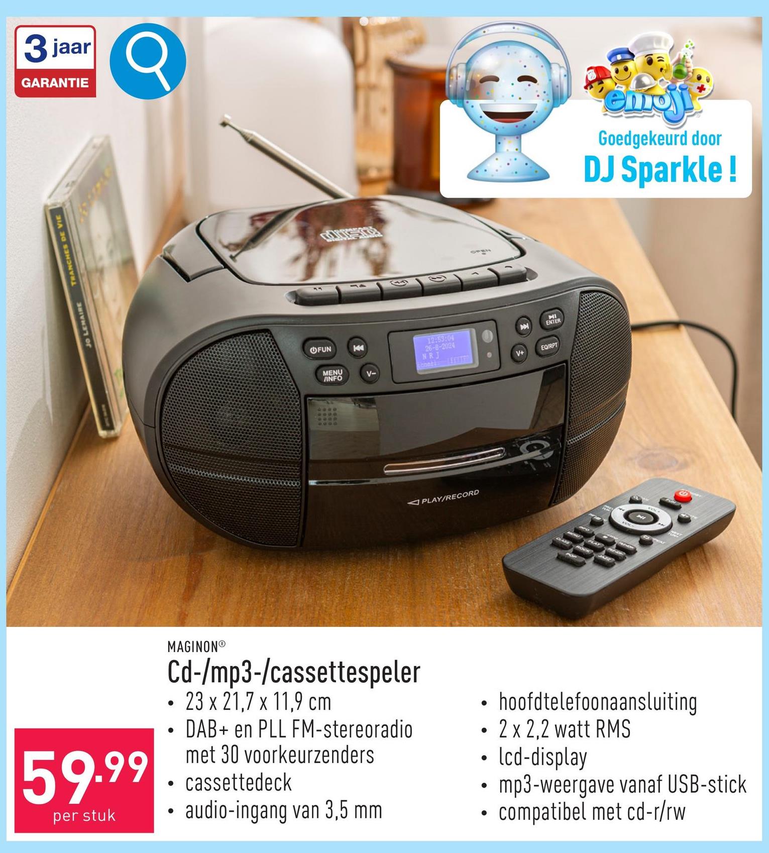 Cd-/mp3-/cassettespeler 23 x 21,7 x 11,9 cmgewicht: 1,2 kgDAB+ en PLL FM-stereoradio met 30 voorkeurzenderscassettedeckaudio-ingang van 3,5 mmhoofdtelefoonaansluiting2 x 2,2 watt RMSlcd-display met blauwe achtergrondverlichtingmp3-weergave vanaf USB-stickcompatibel met cd-r/rw