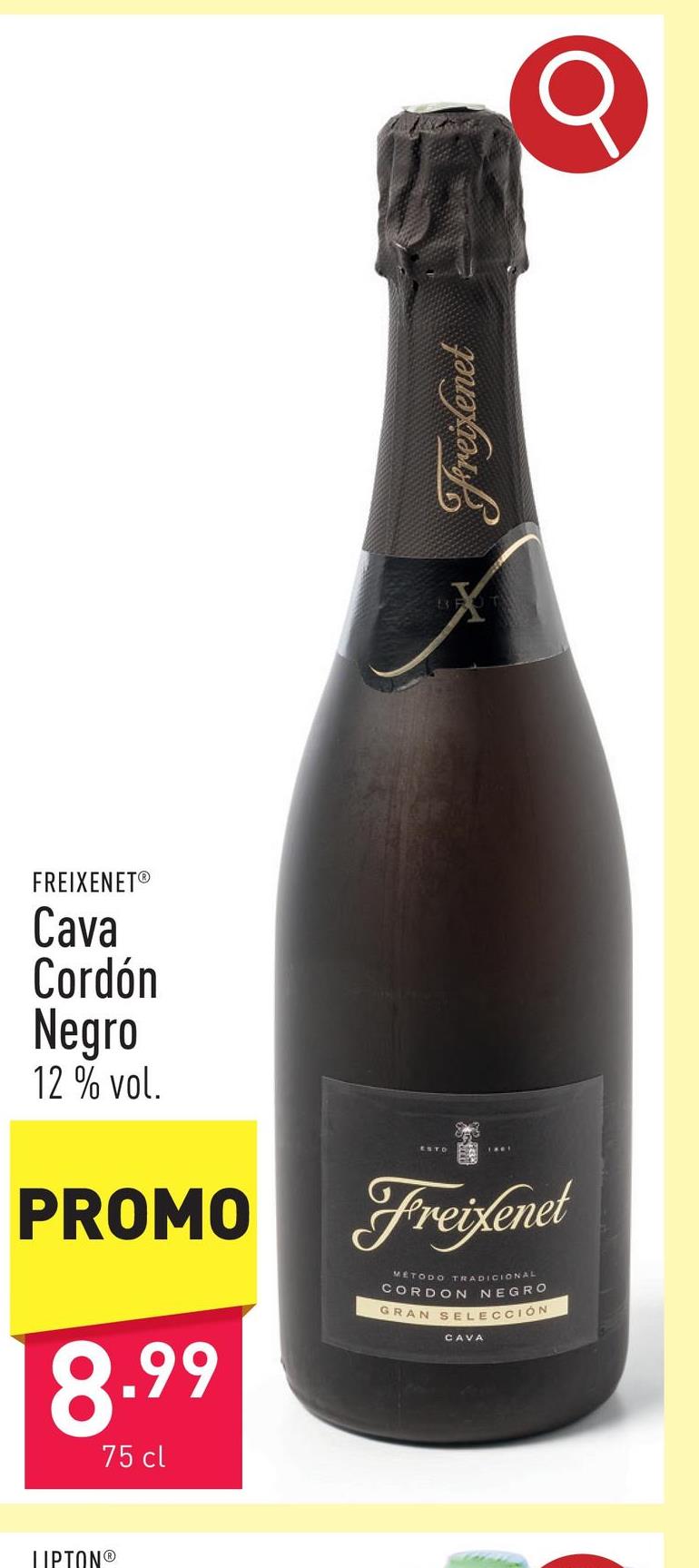 Cava Cordón Negro verfrissende cava, in de neus mediterraans fruit, groene appels en peren, 12 % vol.