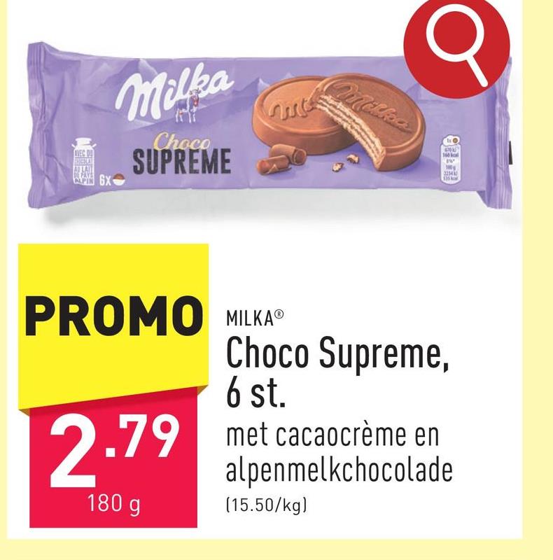 Choco Supreme, 6 st. wafeltjes met cacaocrème en alpenmelkchocolade, individueel verpakt