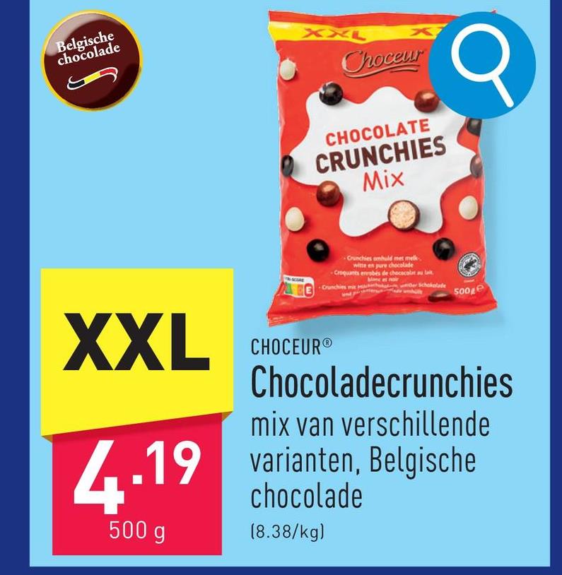 Chocoladecrunchies mix van verschillende varianten, Belgische chocolade