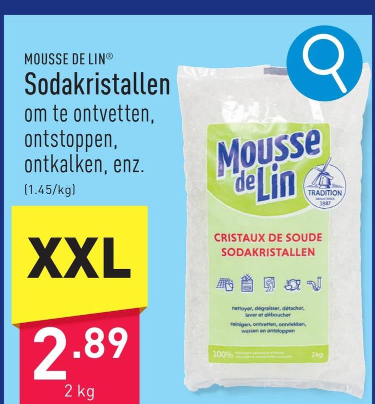 Sodakristallen om te reinigen, ontvetten, ontstoppen, ontkalken en vlekken uit textiel te verwijderen