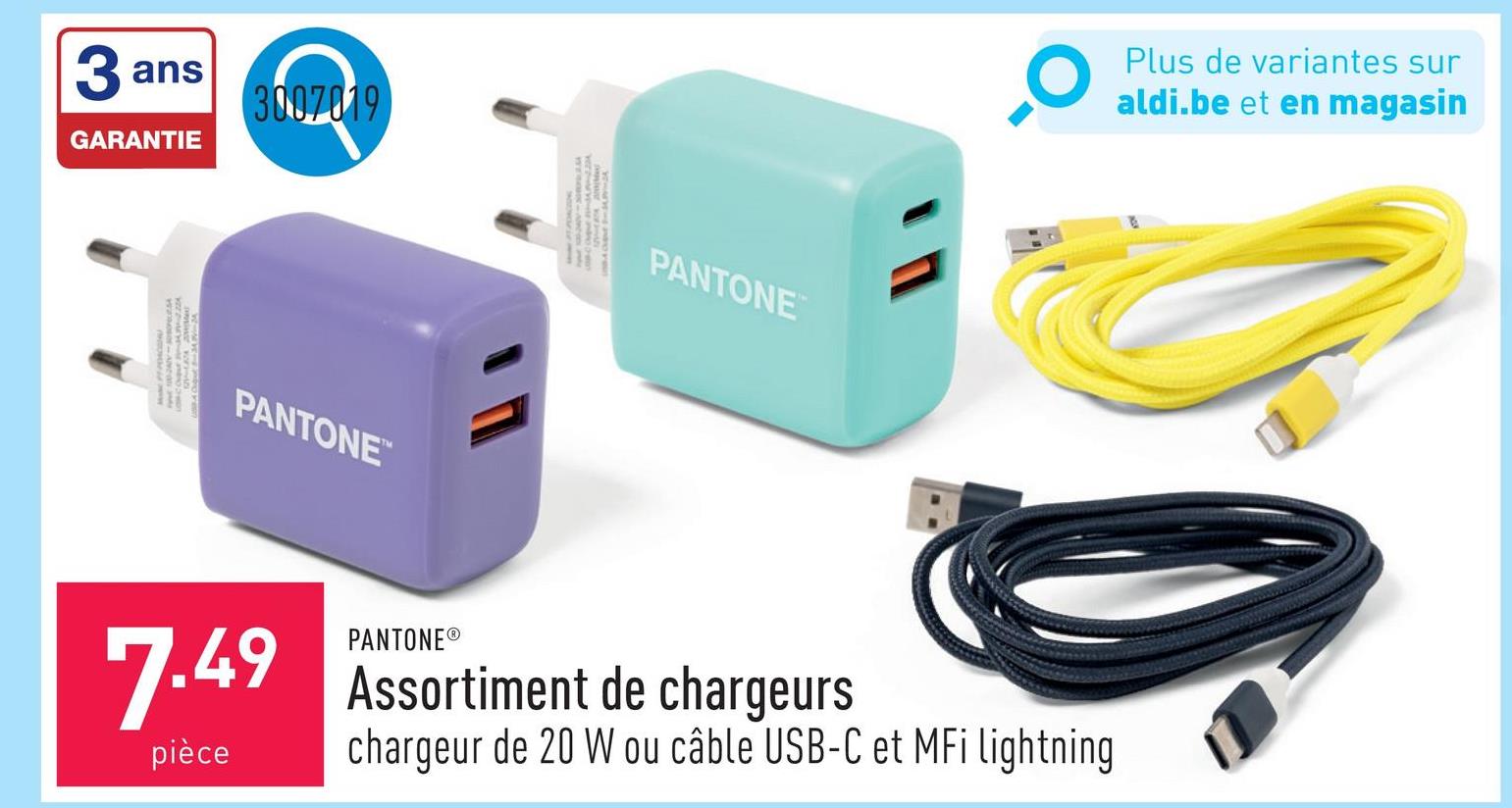 Assortiment de chargeurs choix entre chargeur de 20 W et câble USB-C et Mfi lightning