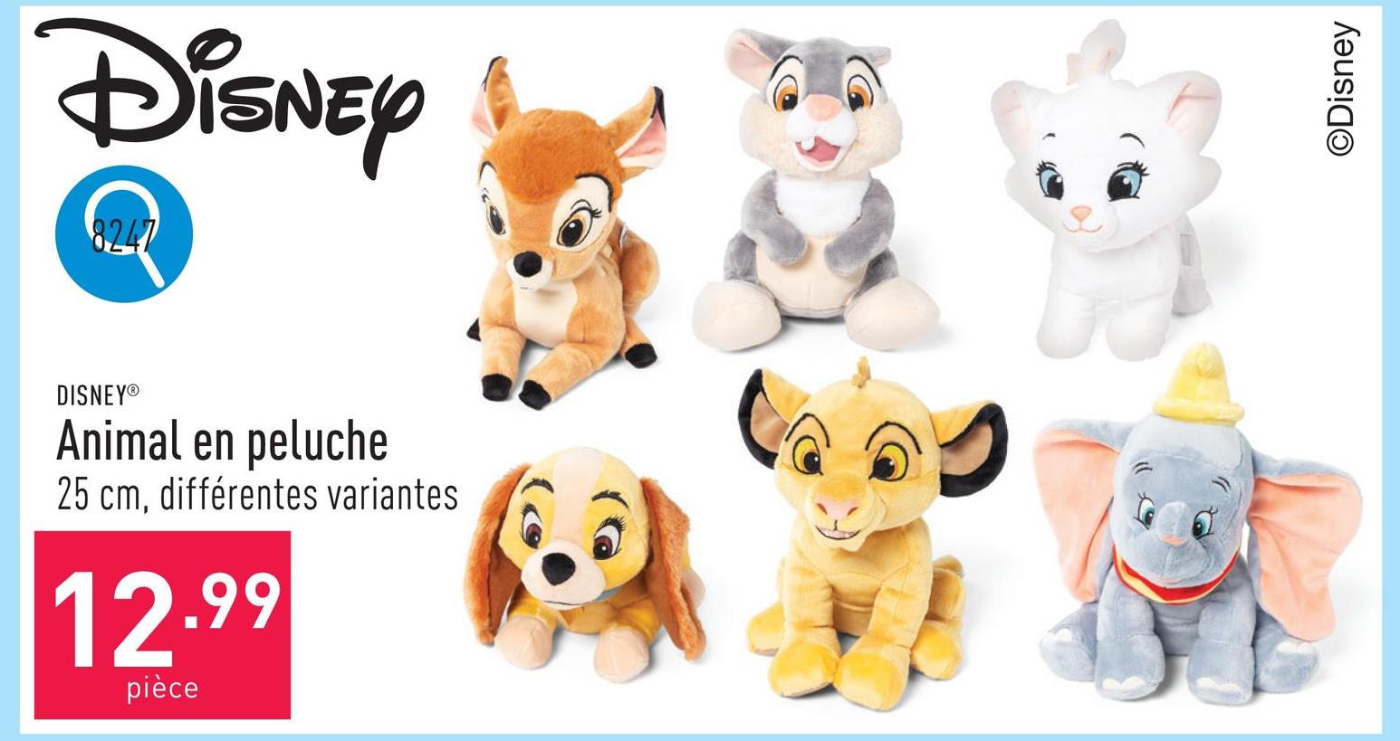 Animal en peluche hauteur : 25 cm, choix entre différentes variantes (Bambi, Dumbo, Marie, Panpan, Lady et Simba)