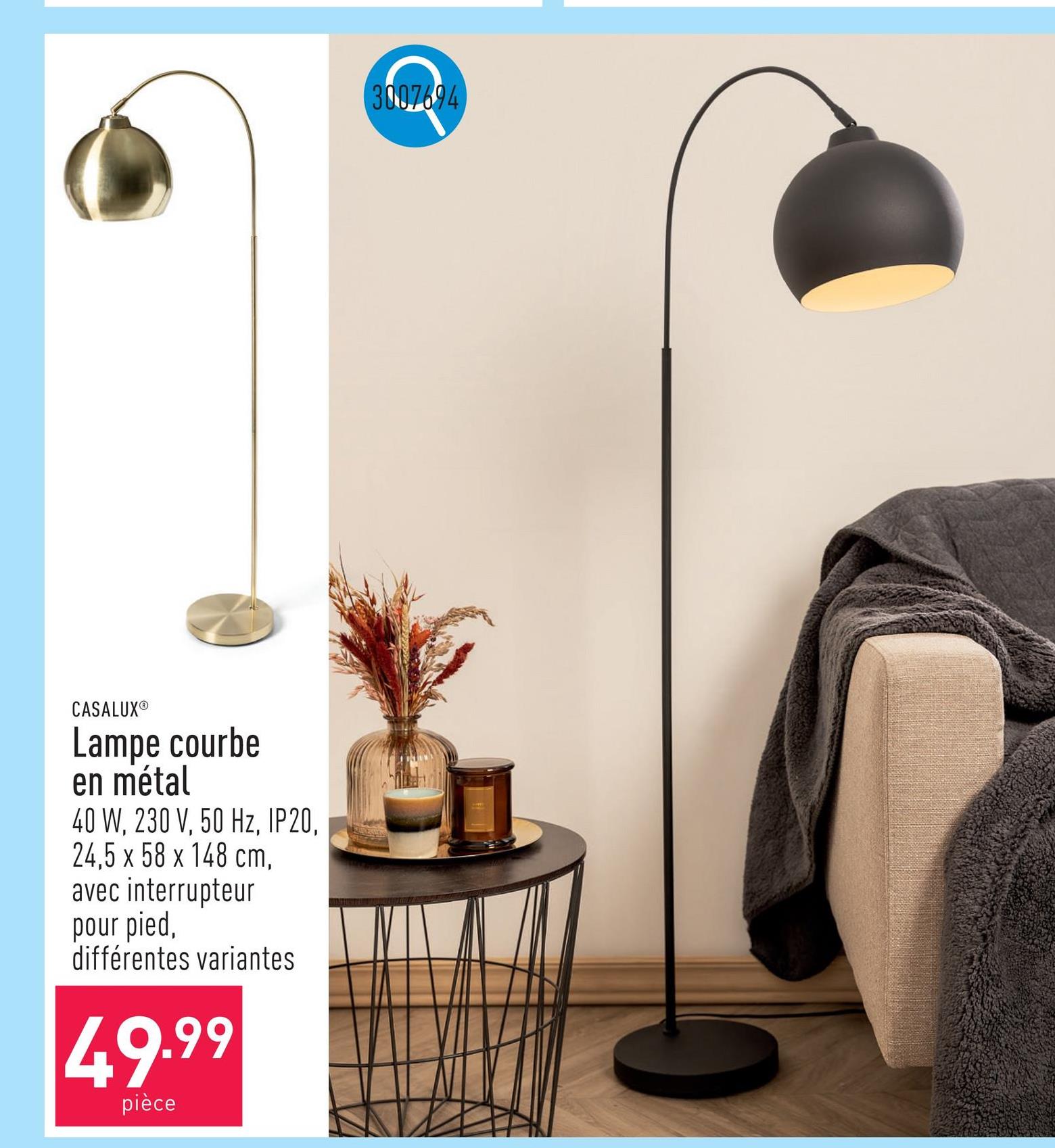 Lampe courbe en métal acier, 40 W, 230 V, 50 Hz, IP20, env. 24,5 x 58 x 148 cm, avec interrupteur pour pied, choix entre différentes variantes