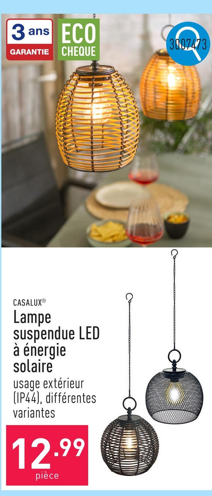 Lampe suspendue LED à énergie solaire usage extérieur (IP44), choix entre différentes variantes