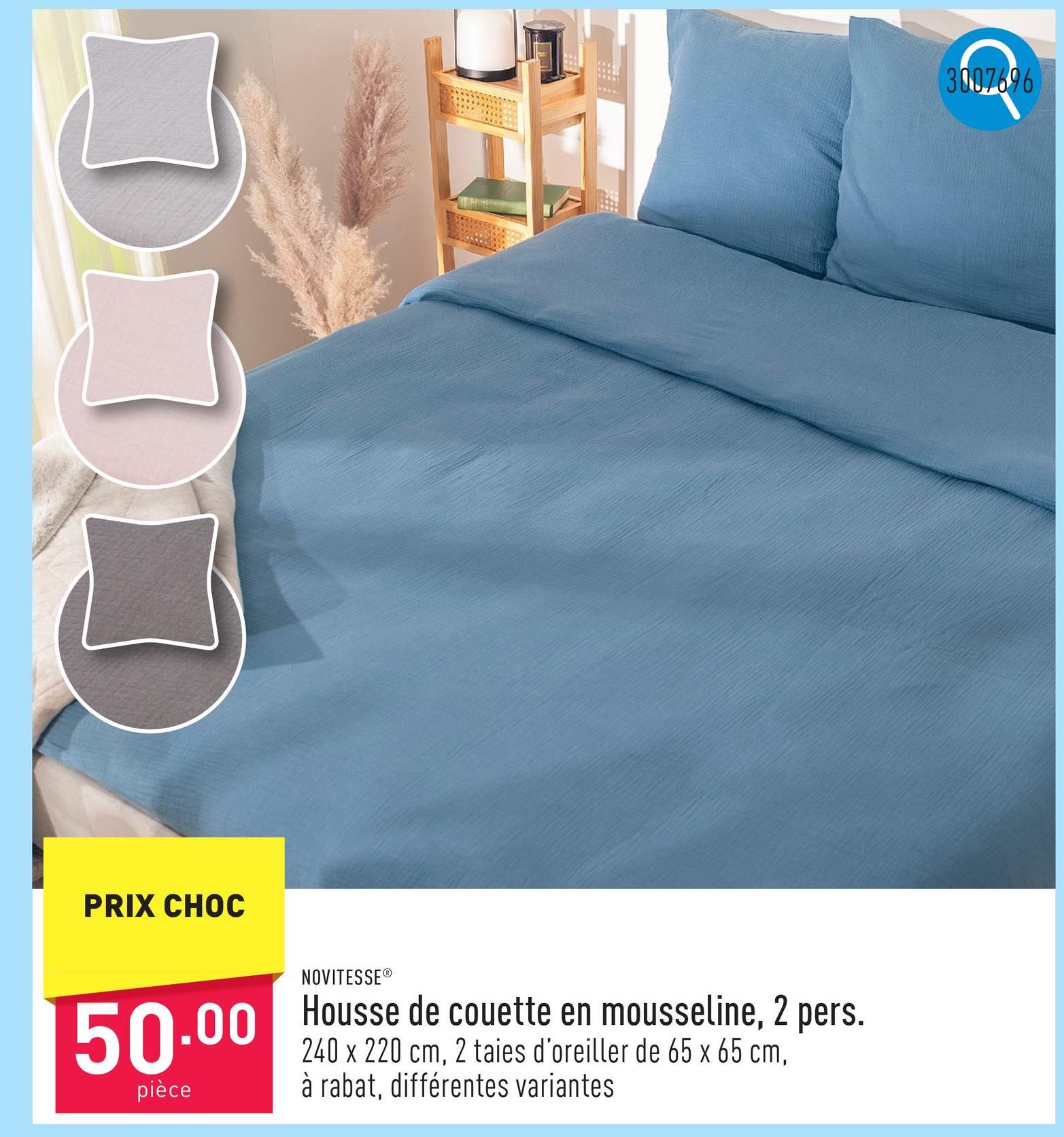 Housse de couette en mousseline, 2 pers. coton, qualité à fils fins, 240 x 220 cm, 2 taies d'oreiller de 65 x 65 cm, à rabat, choix entre différentes variantes, certifiée OEKO-TEX®