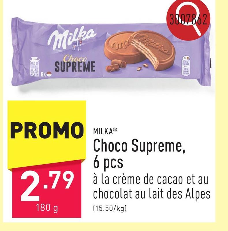 Choco Supreme, 6 pcs gaufrettes à la crème de cacao et au chocolat au lait des Alpes, emballage individuel