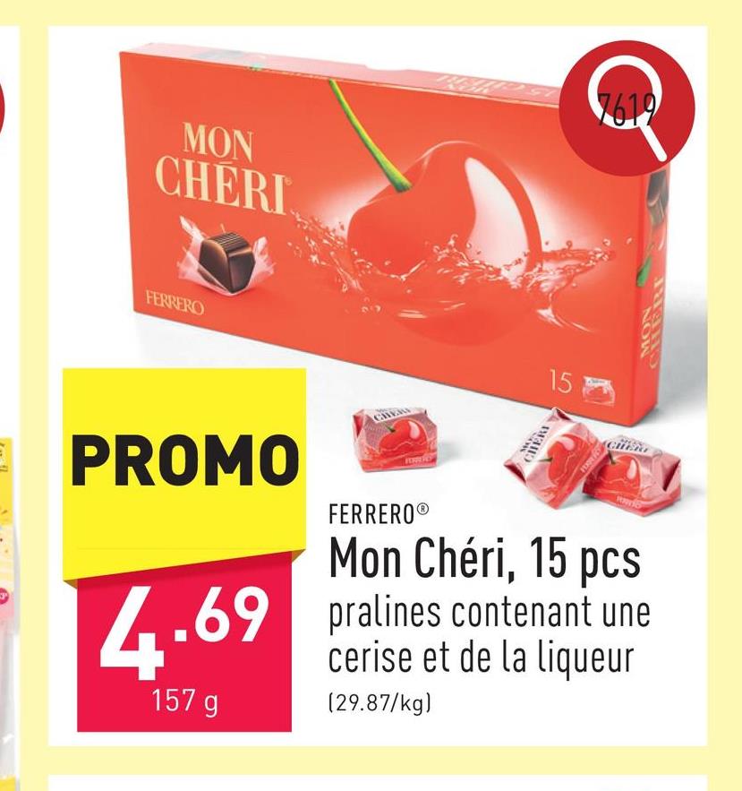 Mon Chéri, 15 pcs pralines en chocolat contenant une cerise et de la liqueur, emballage individuel