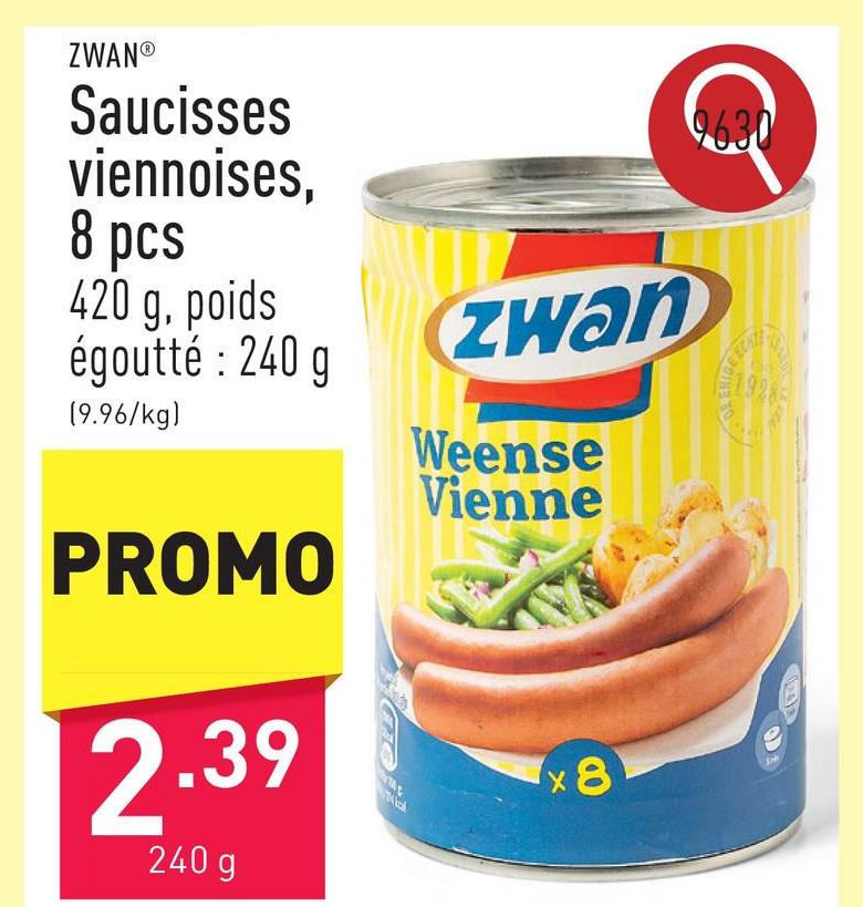 Saucisses viennoises, 8 pcs 420 g, poids égoutté : 240 g