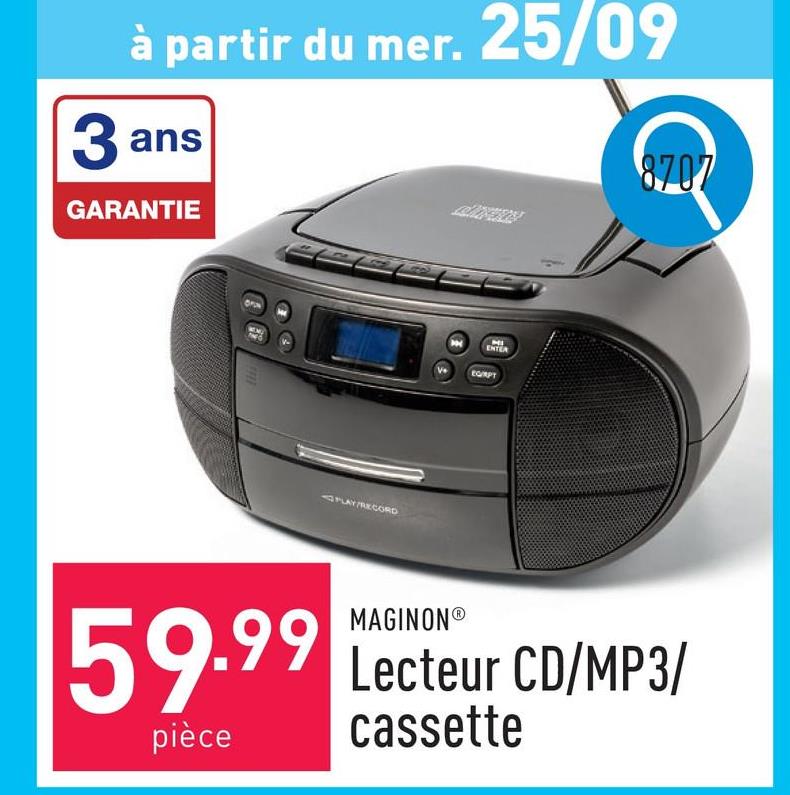 Lecteur CD/MP3/cassette 23 x 21,7 x 11,9 cmpoids : 1,2 kgradio stéréo DAB+ et FM PLL avec 30 stations programmablesplatine cassettesprise audio de 3,5 mmprise pour casque2 x 2,2 watts RMSécran LCD à rétroéclairage bleulecture de fichiers MP3 à partir d’une clé USBcompatible CD-R/RW