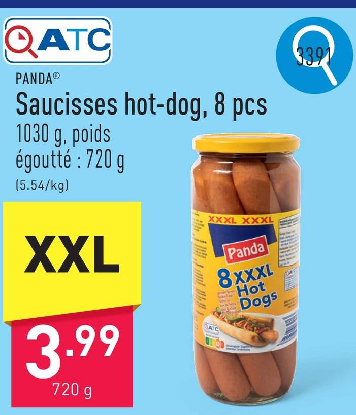 Saucisses hot-dog, 8 pcs 1030 g, poids égoutté : 720 g