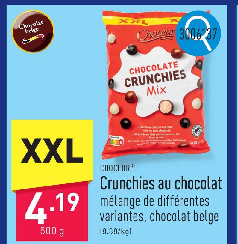 Crunchies au chocolat mélange de différentes variantes, chocolat belge