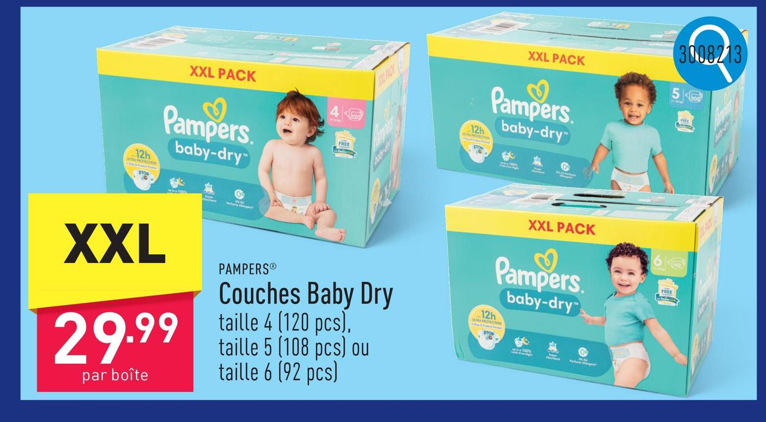 Couches Baby Dry choix entre taille 4 (120 pcs), taille 5 (108 pcs) et taille 6 (92 pcs), testées dermatologiquement