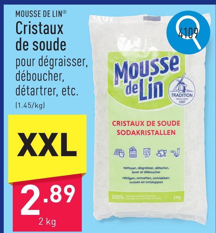 Cristaux de soude pour nettoyer, dégraisser, déboucher, détartrer et enlever les taches de textiles