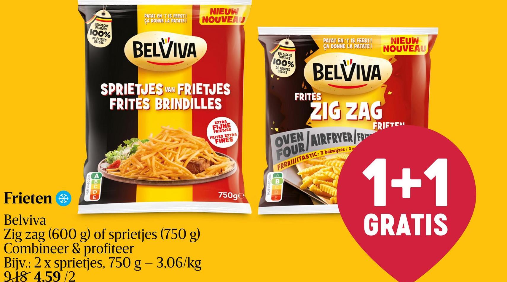 Zigzag | Frieten verpakt in België. Friteuse. Patat en 't is Feest! Diepvries. Voorgebakken. Geproduceerd en 100% Belgische aardappelen. 3 bakwijzes cooking: Oven, Airfryer of Frietjes met een zalig krokante, gekartelde Zig Zag snit. Gemaakt met