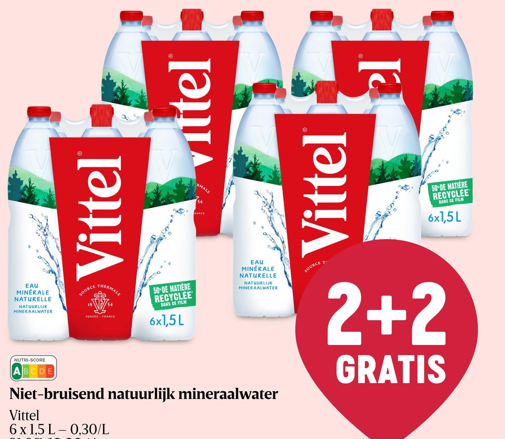 Mineraalwater | Niet bruisend | PET Het natuurlijk mineraal plat water van Vittel, afkomstig uit de Vogezen, is een bron van vitaliteit voor het hele gezin. Een reis van enkele jaren waarin het water op natuurlijke wijze wordt verrijkt met een unieke combinatie van mineralen.