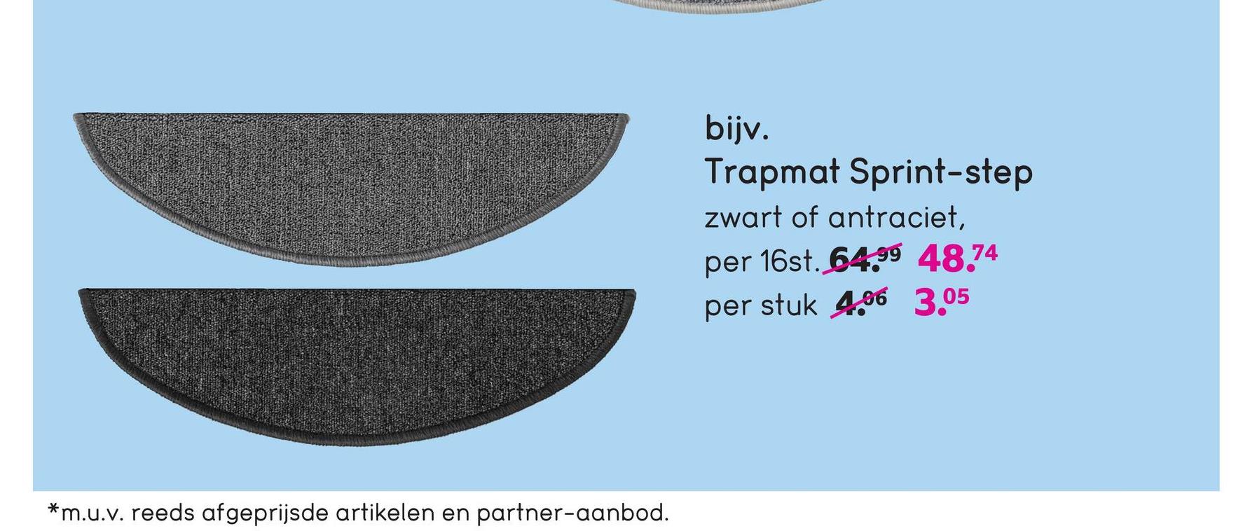 Trapmat Sprintstep - antraciet (16 stuks) Trapmat Sprintstep in de kleur antraciet bestaat uit 16 stuks. De halve maantjes zijn slipbestendig en voorkomen slijtage van uw trap. Trapmat Sprintstep heeft een zelfklevende plakstrip zodat u deze eenvoudig zelf kunt monteren.