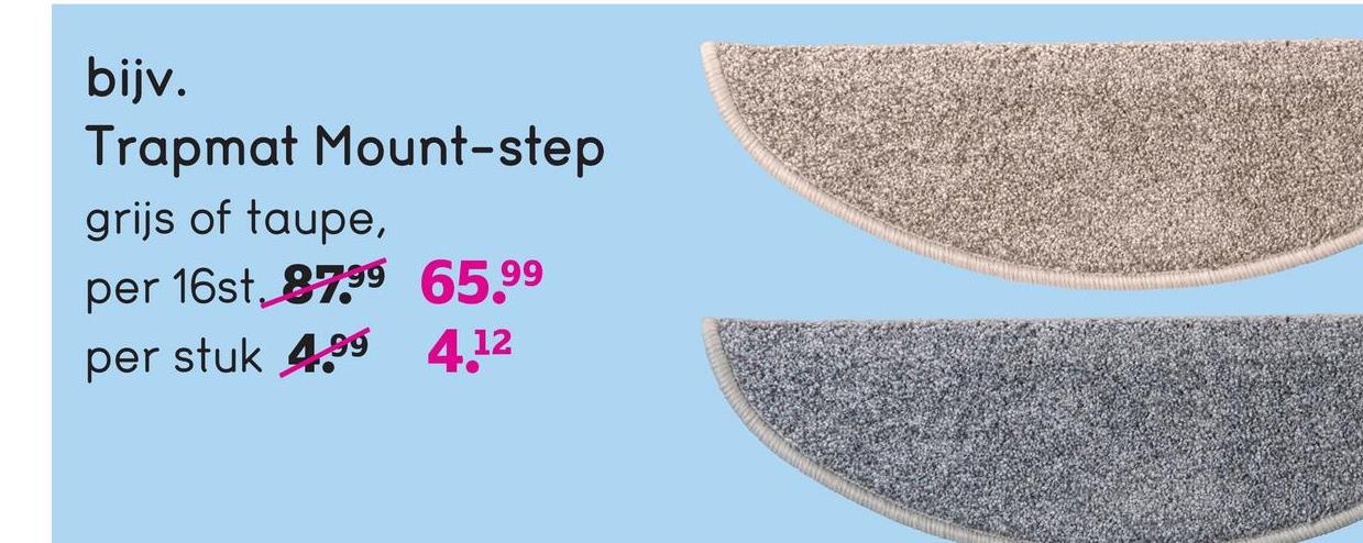 Trapmat Mountstep - taupe (16 stuks) Trapmat Mountstep is een hoogpolige mat en voelt aangenaam zacht aan uw voeten. De taupekleurige trapmat is gemaakt van 100% polypropyleen en heeft een afmeting van 20x56 cm. Verpakt per 16 stuks.