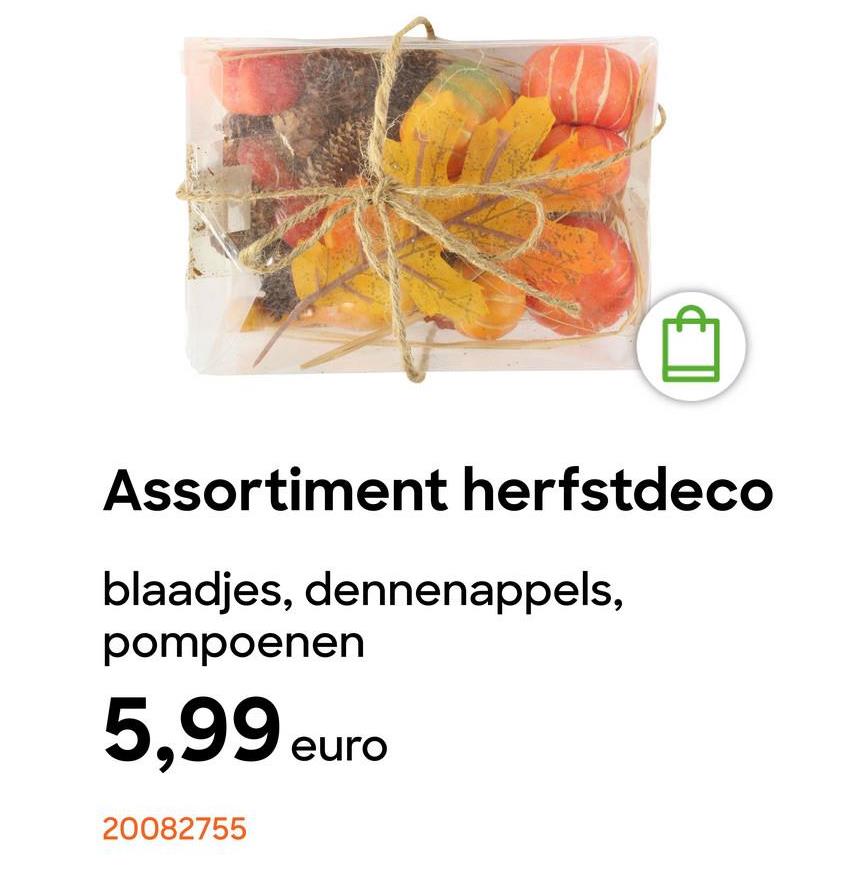 Assortiment herfstdeco
blaadjes, dennenappels,
pompoenen
5,99 eur
20082755