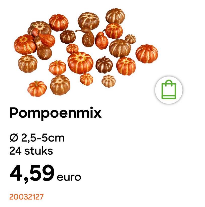 Pompoenmix
Ø 2,5-5cm
24 stuks
4,59 euro
20032127