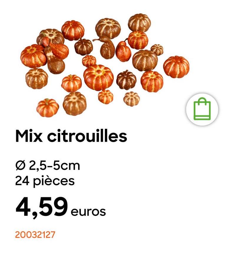 Mix citrouilles
Ø 2,5-5cm
24 pièces
4,59 euros
20032127