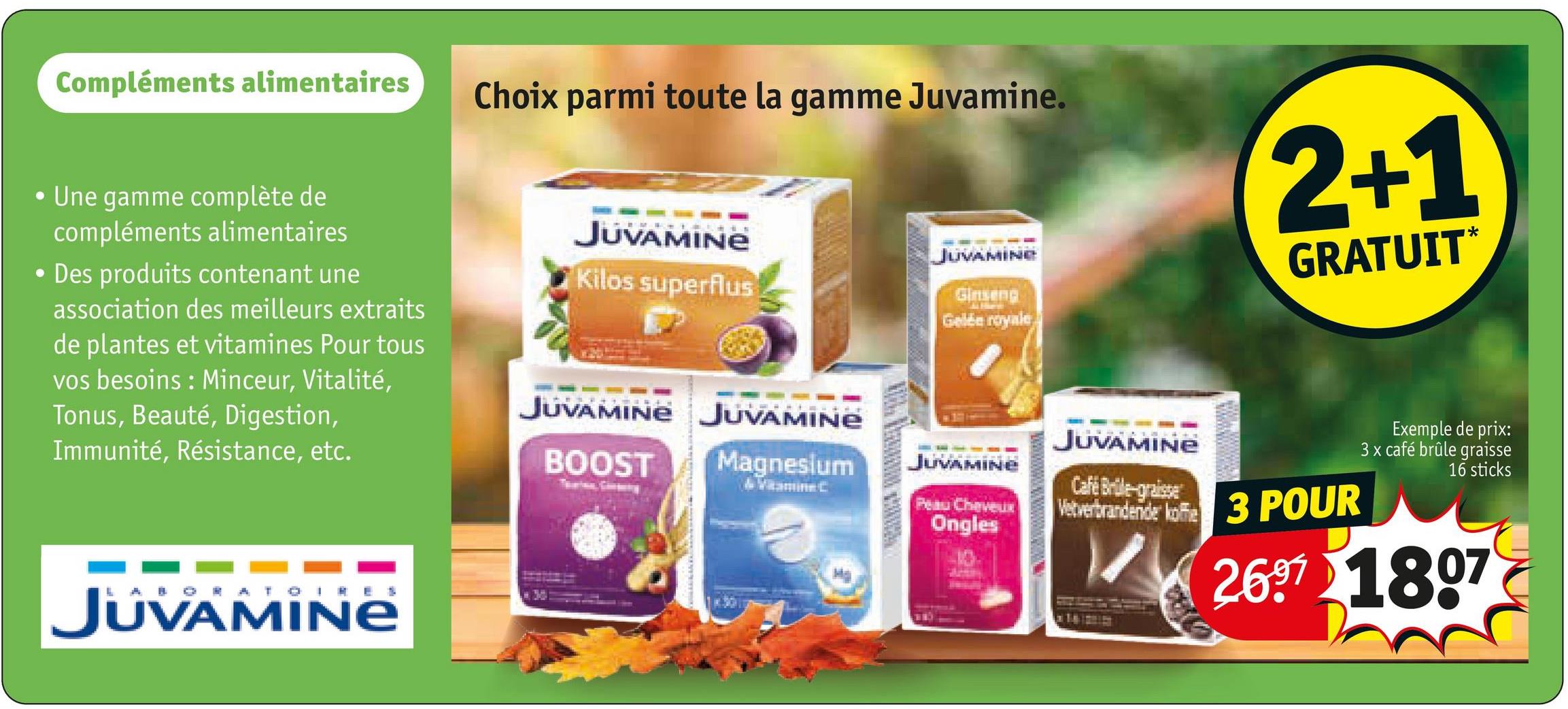 •
Compléments alimentaires
Une gamme complète de
compléments alimentaires
• Des produits contenant une
association des meilleurs extraits
de plantes et vitamines Pour tous
vos besoins: Minceur, Vitalité,
Tonus, Beauté, Digestion,
Immunité, Résistance, etc.
Choix parmi toute la gamme Juvamine.
JUVAMINE
Ginseng
Gelée royale
2+1
GRATUIT*
JUVAMINE
Kilos superflus
JUVAMINE JUVAMINE
BOOST
Magnesium
Vitamine C
JUVAMINE
Peau Cheveux
Ongles
JUVAMINE
Cafe Brüle-graisse
Vetverbrandende koffe 3 POUR
Exemple de prix:
3 x café brûle graisse
16 sticks
ABORATOIRES
JUVAMINE
2697 1807