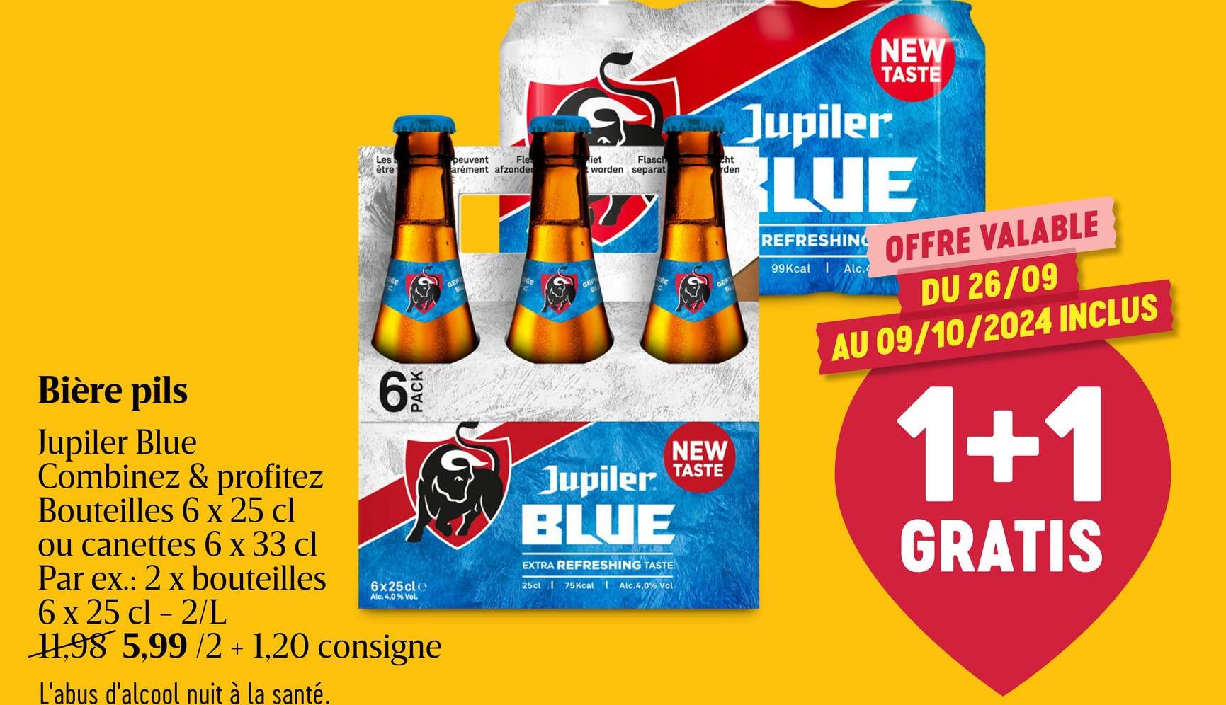 Bière Blonde | Pils | Blue | 4% alc. | Bouteille 'Goût signature Jupiler, seulement plus légère. Avec une teneur en alcool de 4,0 %, Blue est sans aucun doute Jupiler, avec un corps doré, brillant et clair, ainsi qu'une tête pleine et crémeuse. L'avez-vous déjà essayé ?'