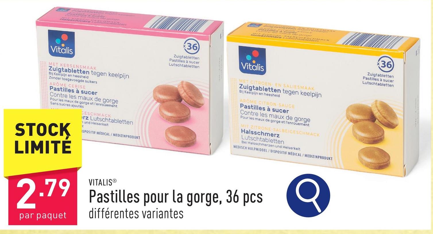 Pastilles pour la gorge, 36 pcs choix entre goût de cerises (sans sucre) et goût de citron/sauge (avec sucre)