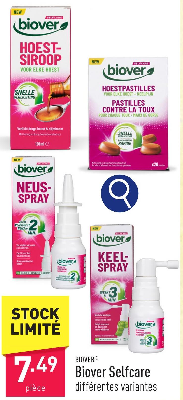 Biover Selfcare choix entre pastilles, sirop antitussif, spray pour la gorge et spray nasal